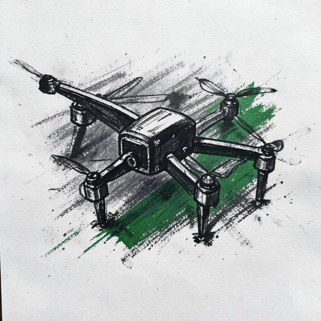 A bold charcoal sketch of a drone silhouette against a search-and-rescue scene with dense forest and a flashlight beam cutting through darkness
