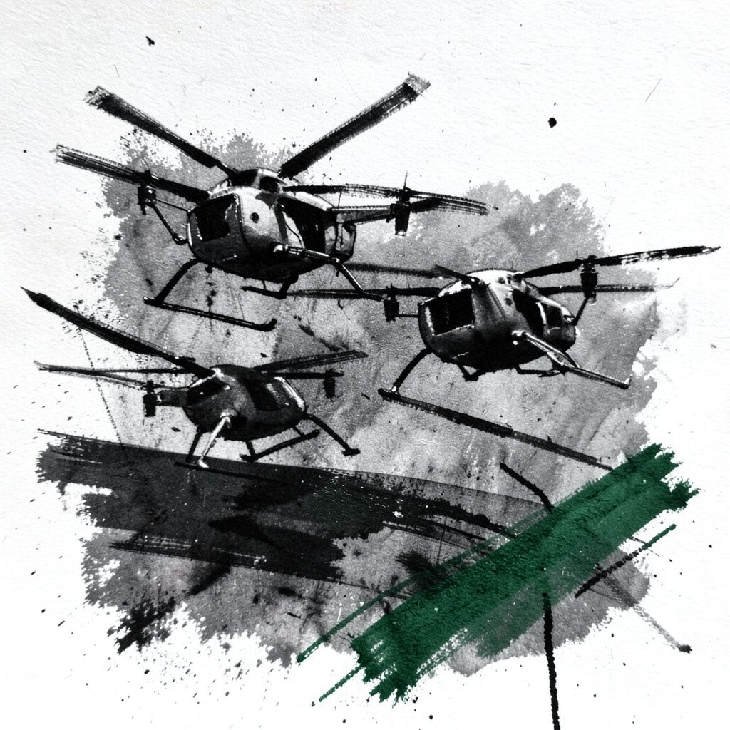 A bold charcoal drawing of a drone caught between flames and police lights, dramatic cross-hatching and deep shadows