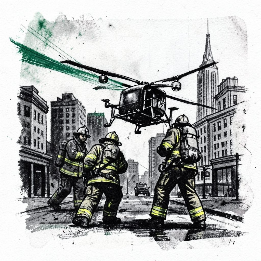 A bold charcoal drawing of a fire truck with a small drone hovering above, dark smoke billowing in the background, rendered in heavy black strokes on white paper