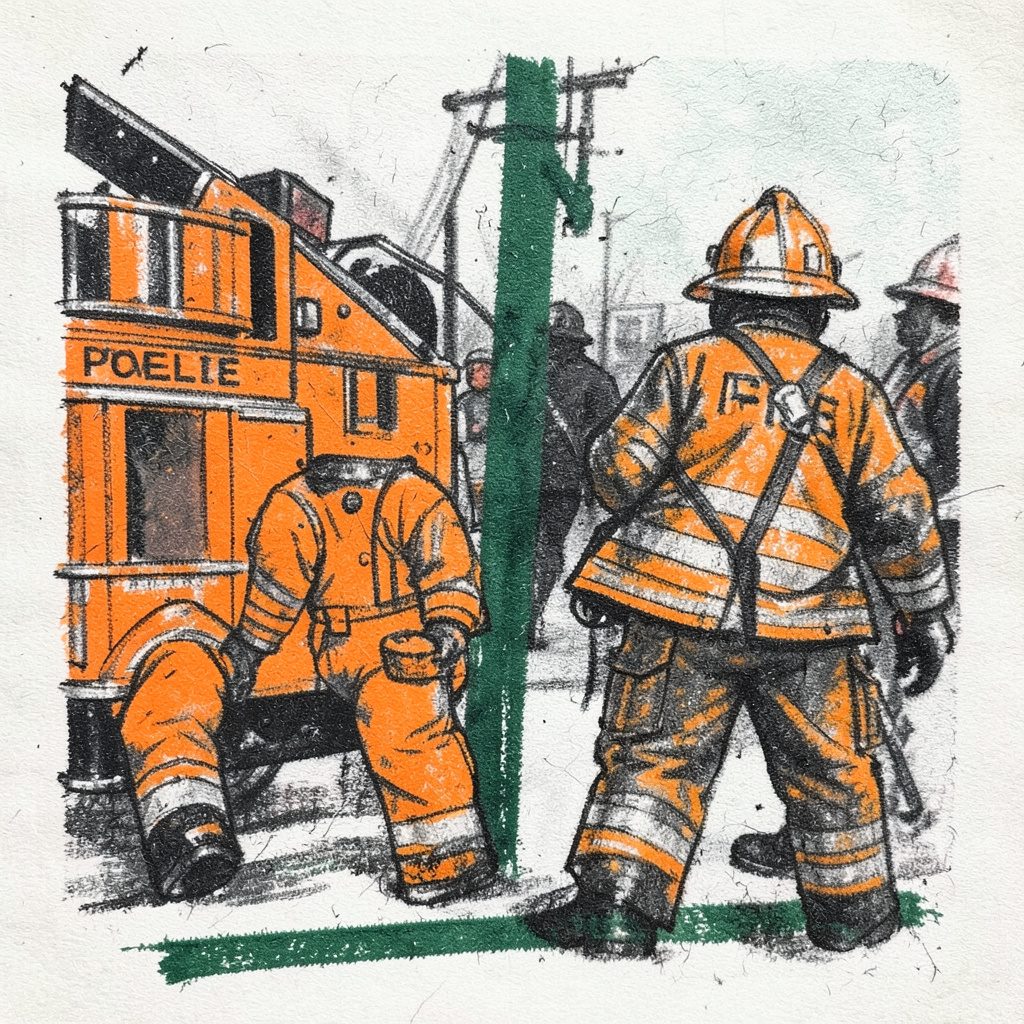 A bold charcoal drawing of police officers and firefighters standing beside a drone, strong diagonal strokes conveying urgency and teamwork