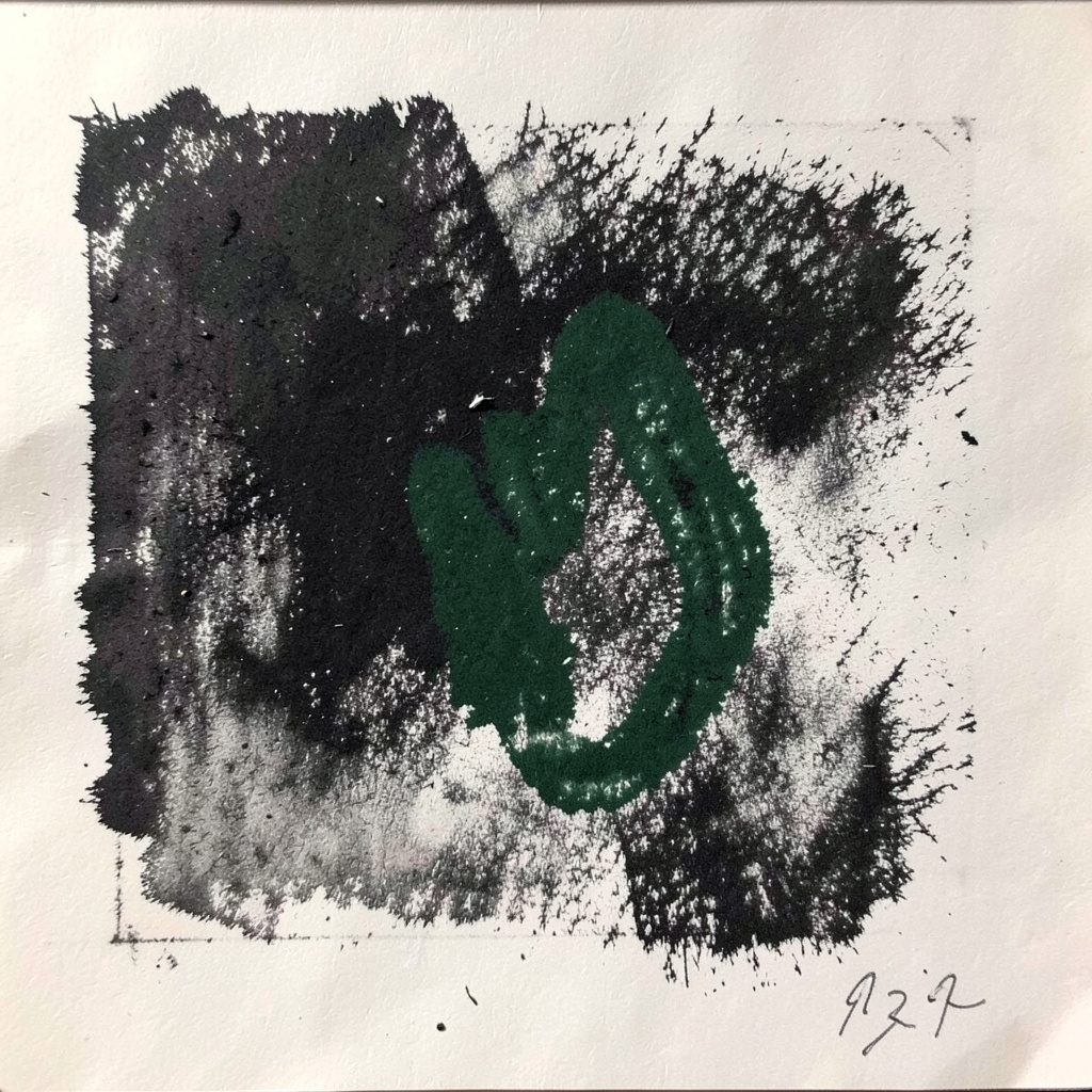 A bold charcoal drawing of a multi-rotor drone hovering above an open field, with a clipboard and checklist overlay suggesting program review and assessment, rendered in deep grays and muted earth tones.