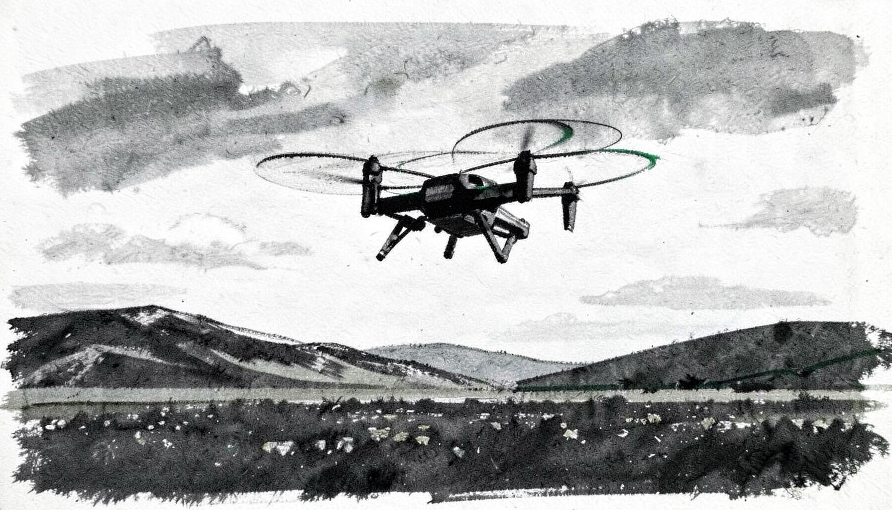 A bold charcoal drawing of a small quadcopter drone hovering above an open landscape, with soft smudged clouds and distant hills rendered in deep grays and muted whites, conveying a sense of watchful presence and calm authority.